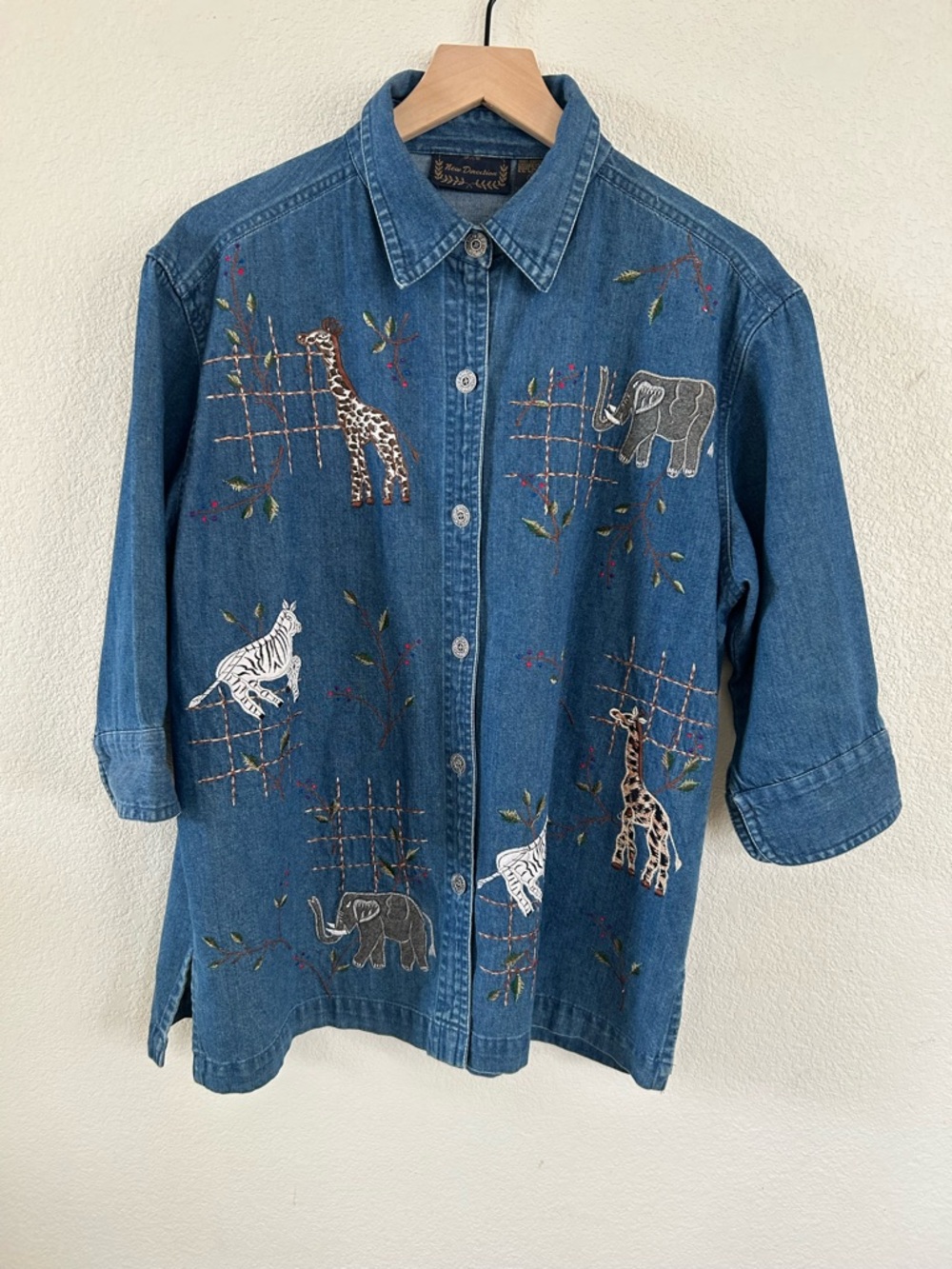 new directions Denim Button-Down Shirt with Safari Animal Embroidery - Blue